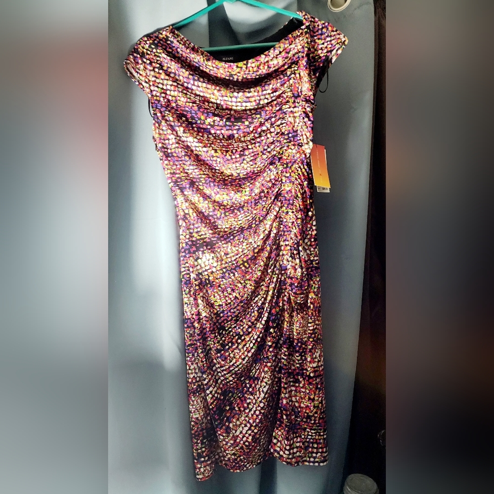 Alfani Womens Sheath Dress Multicolor Mosaic Knee Length Cap Sleeve Ruched 6